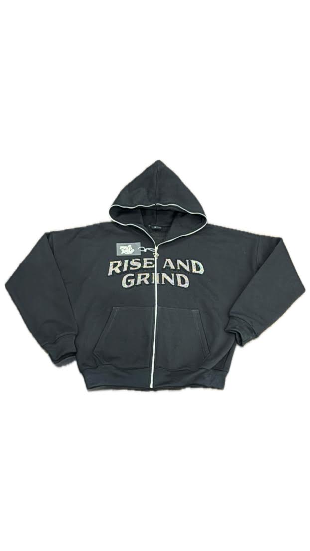 RISEANDGRIND ' LIVE BROKE OR DIE GRINDIN ' RHINESTONE FULL ZIP UP HOODIE